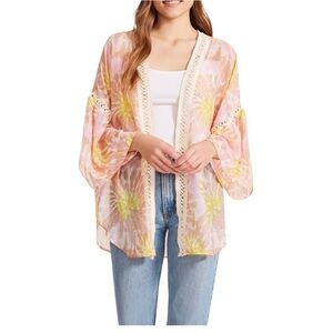 Steve Madden Open Front Crochet Trim One SizePink Yellow Tie-Dye Cardigan/Kimono